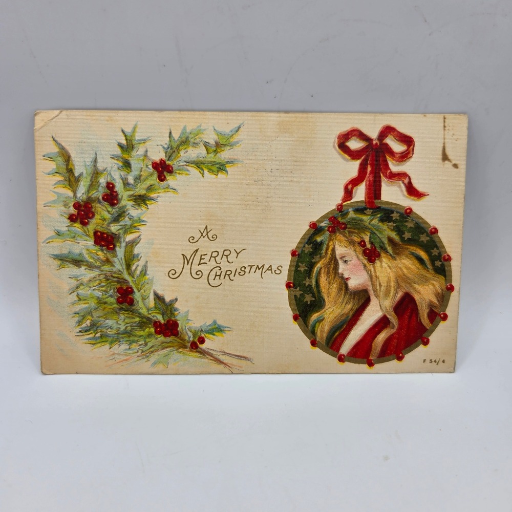 Vintage Rotograph Co Christmas Postcard‎ Lady Ornament Holly 1906 San Francisco